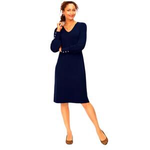 Talbots Navy Soft Merino V-Neck Sweater Midi Dress, Large